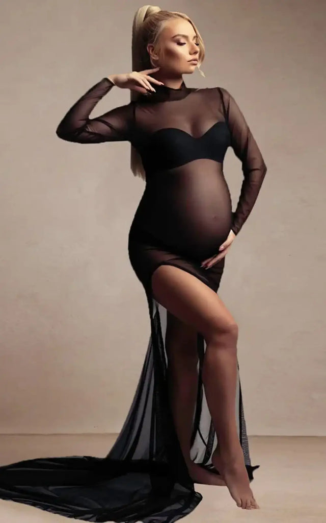 Inrosy enceinte shooting robe de grossesse transparent dentelle