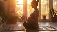 Une femme enceinte pratique une posture de yoga prénatal sur un tapis dans un salon lumineux et paisible.