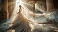 Une femme enceinte souriante porte une robe élégante lors d’un mariage en plein air entourée d’invités.