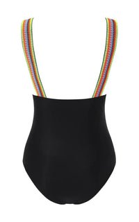 Maillot de Bain 1 Piece Grossesse Noir à Bandes Colorés