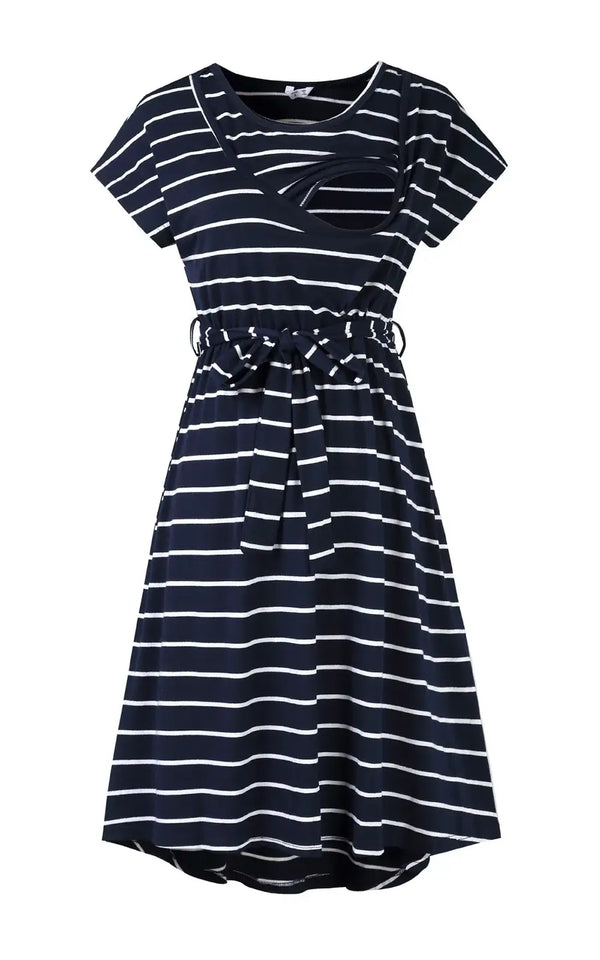 Robe Allaitement Rayé Bleue Avec Ceinture