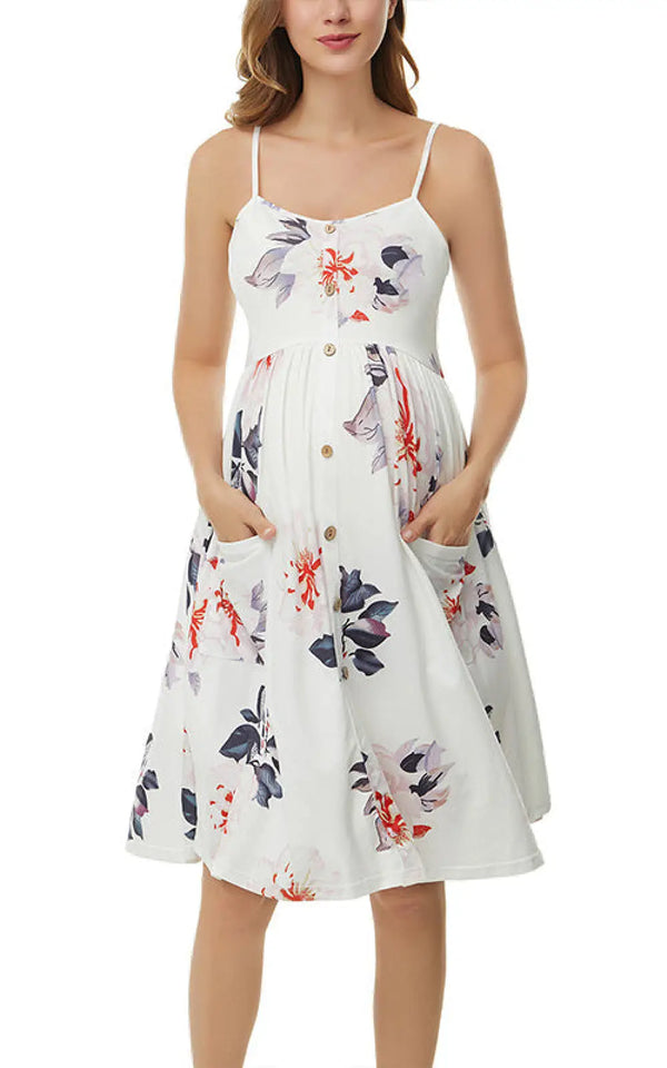 Robe de Grossesse à Bretelle Imprimé Tournesol